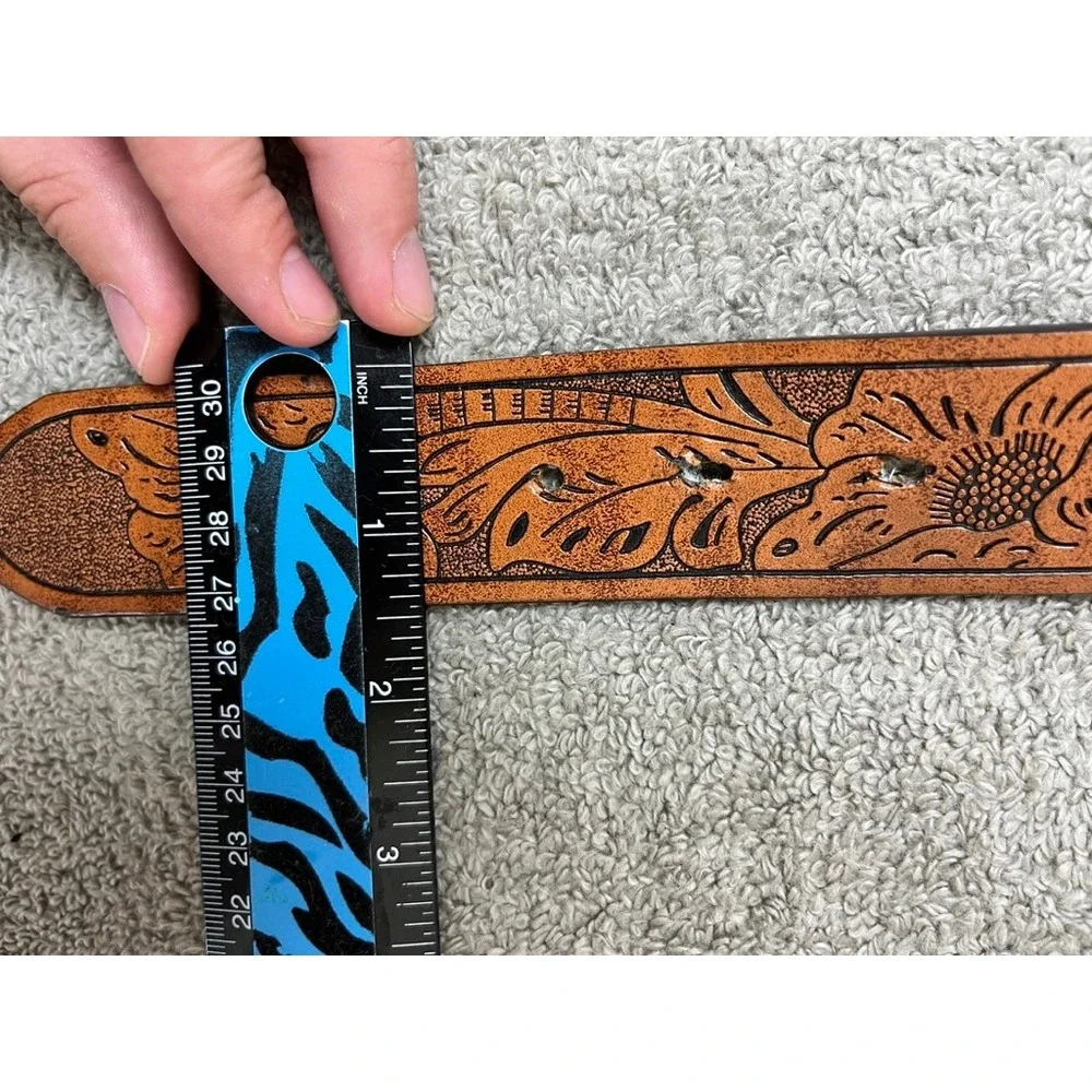 Western Floral Tooled Leather Belt Longhorn Steer Tan Brown Snap On No Buckle